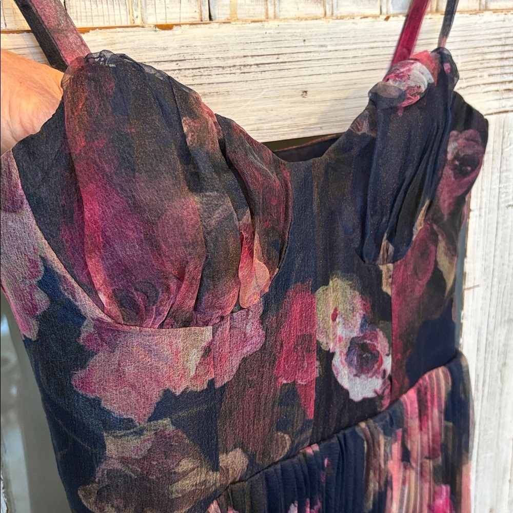 Lulu's Alluring Invite Midnight Blue Floral Pleated Bustier Midi Dress Size S - Picture 12 of 16